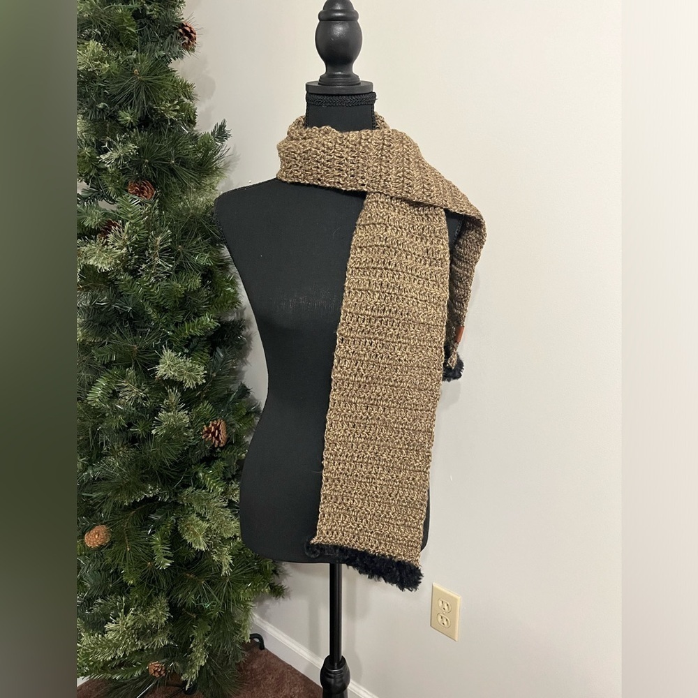 NWT Crochet Brown Scarf with Faux Fur Black Trim, Perfect Winter Wear, Warm Cozy